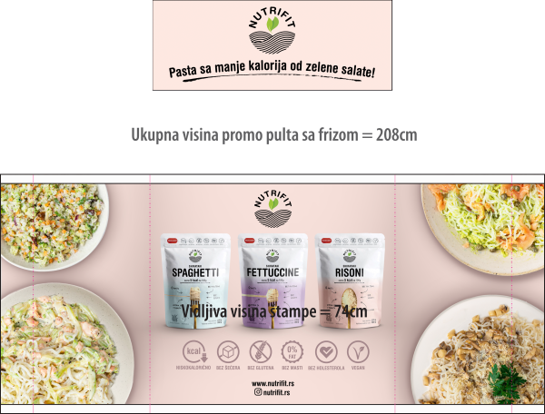 Rasklop promo pulta Dazzle sa jasno označenim površinama za štampu.